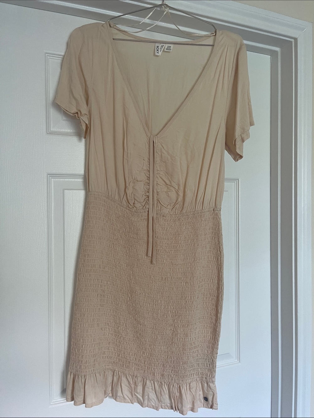Roxy Cream V-Neck Smocked Waist Short Sleeve Mini Dress